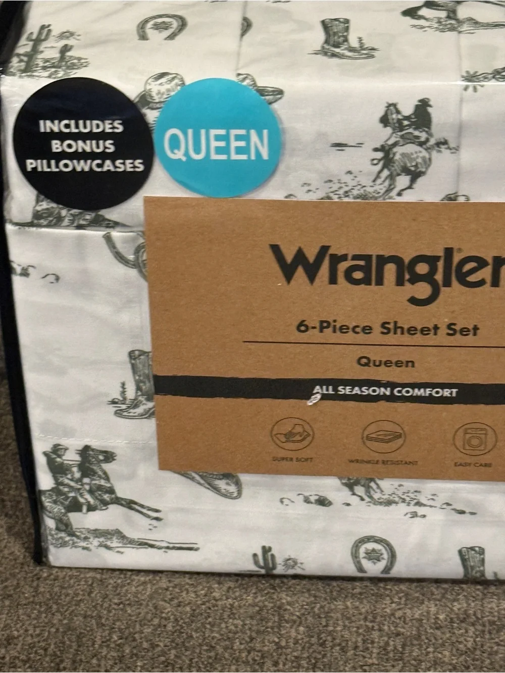 Wrangler Queen 6-Piece Sheet Set - White and Green Western Pattern